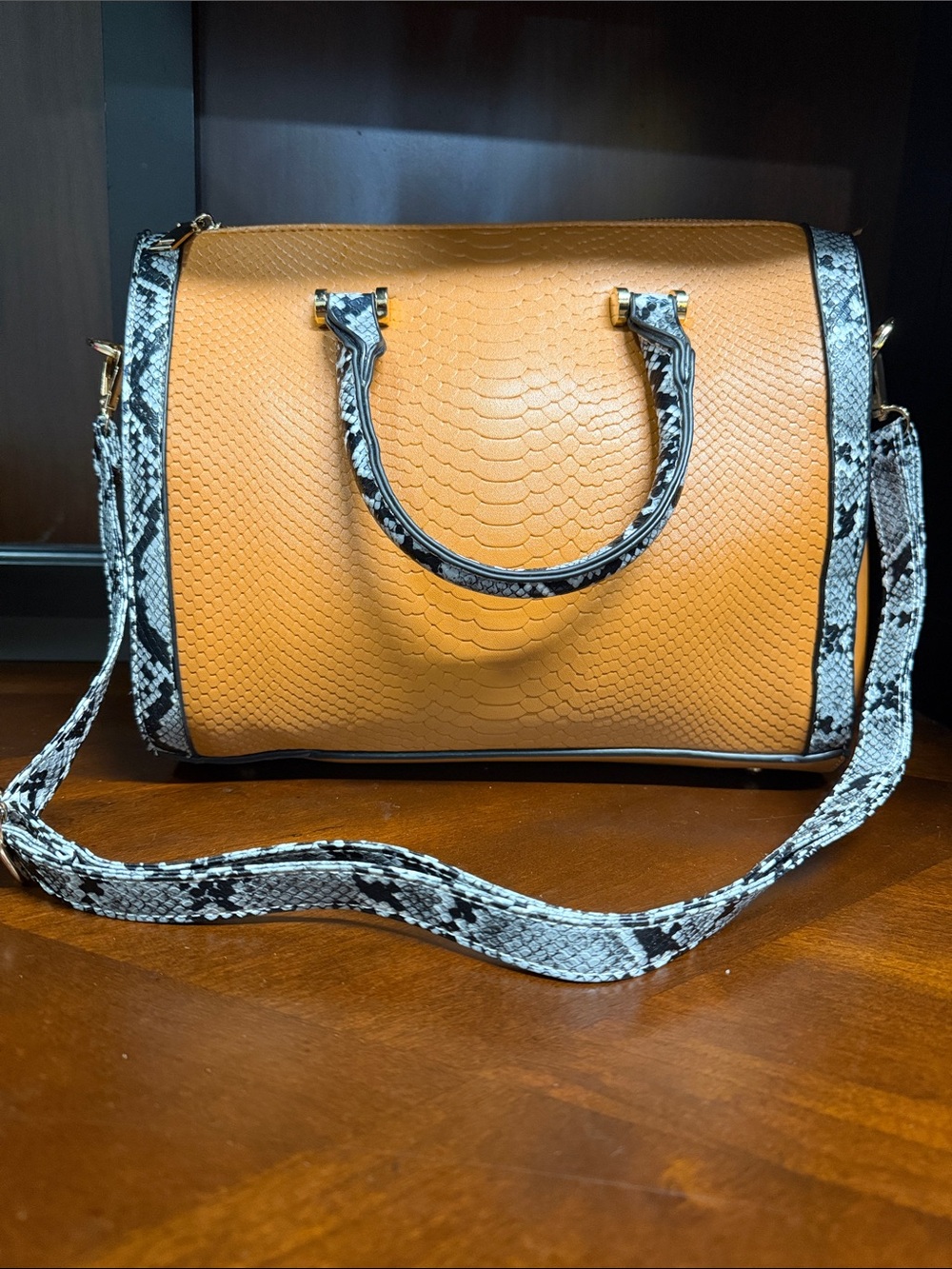 Womenโs Tan Faux-Snake Embossed Satchel with Snake-Print Trim